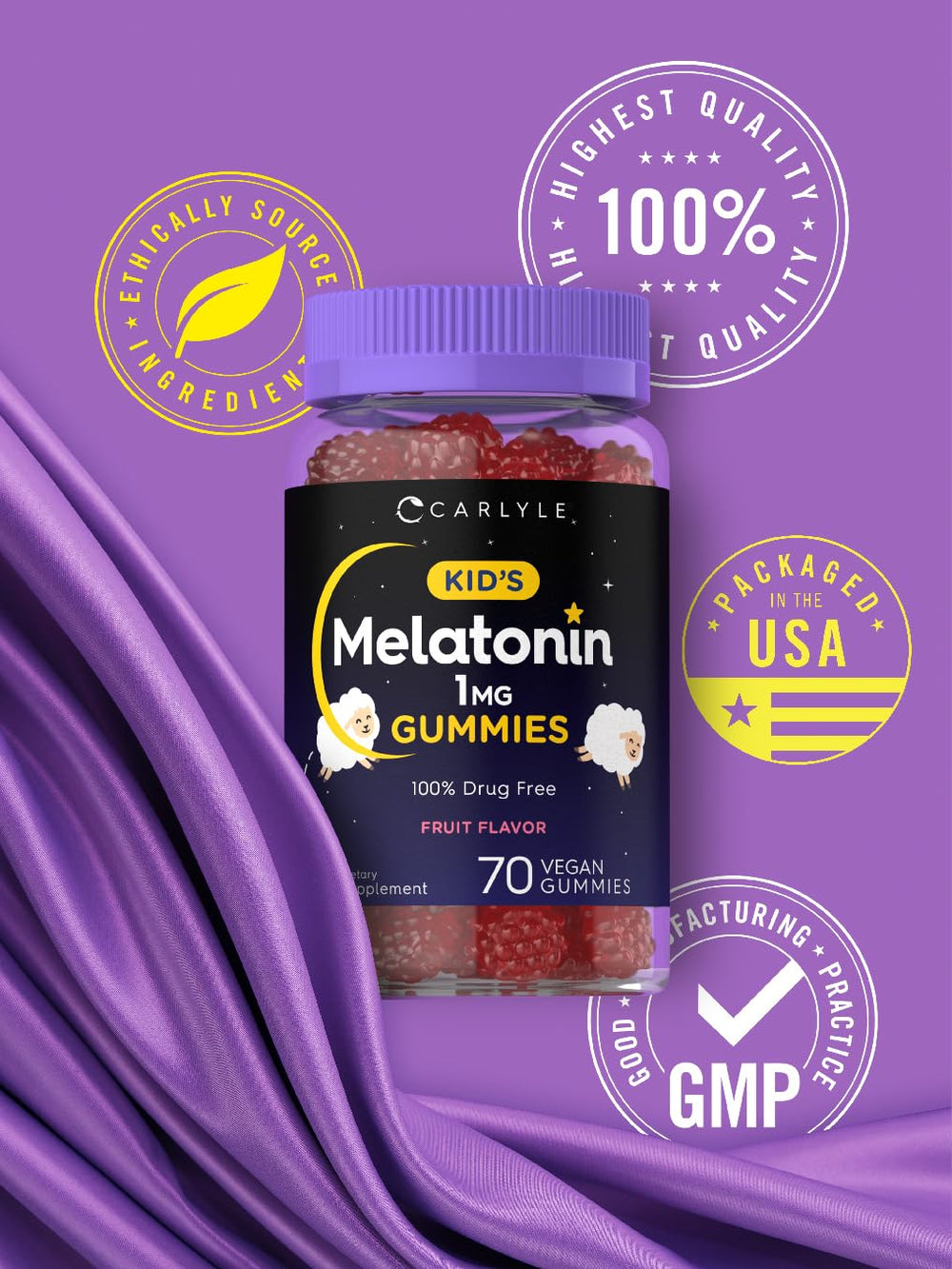 Vegan, Non-GMO, Gluten Free icons on Carlyle Kids Melatonin Gummies