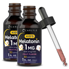 Front view of Carlyle Kids Melatonin Liquid berry flavor two-pack bottle