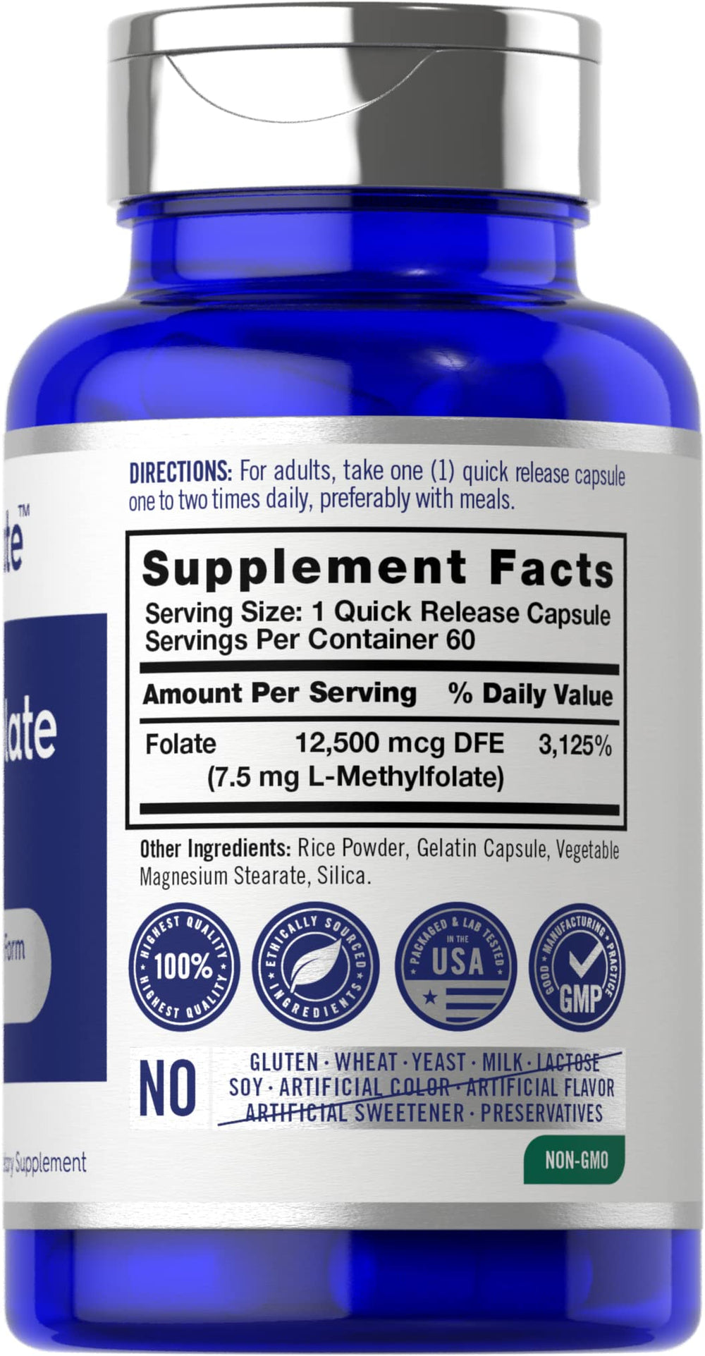 Close-up of Carlyle L-Methylfolate 7.5 mg capsules in bottle