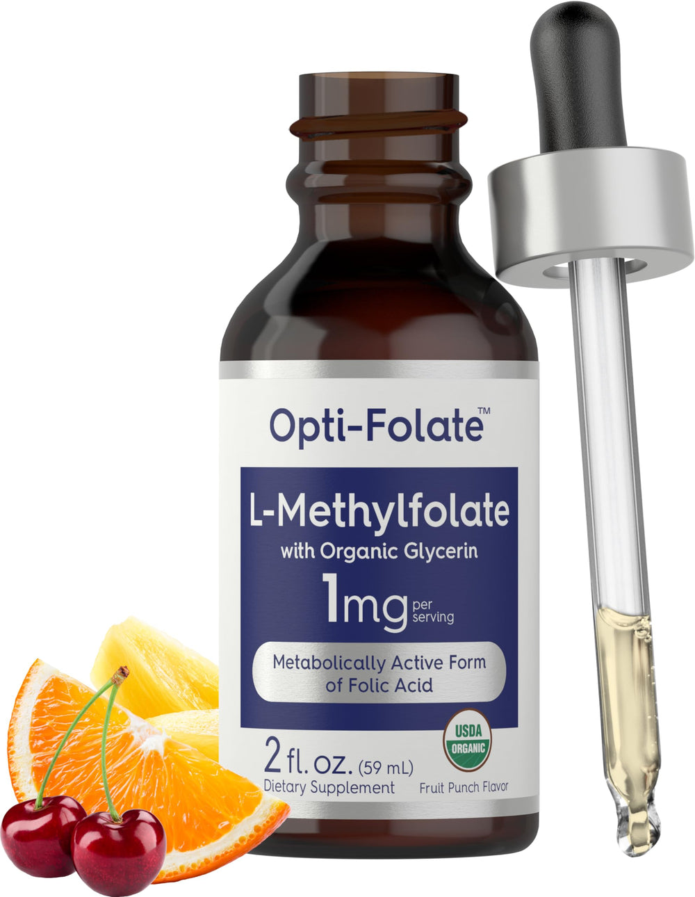 Carlyle L-Methylfolate Drops bottle with Fruit Punch flavor label
