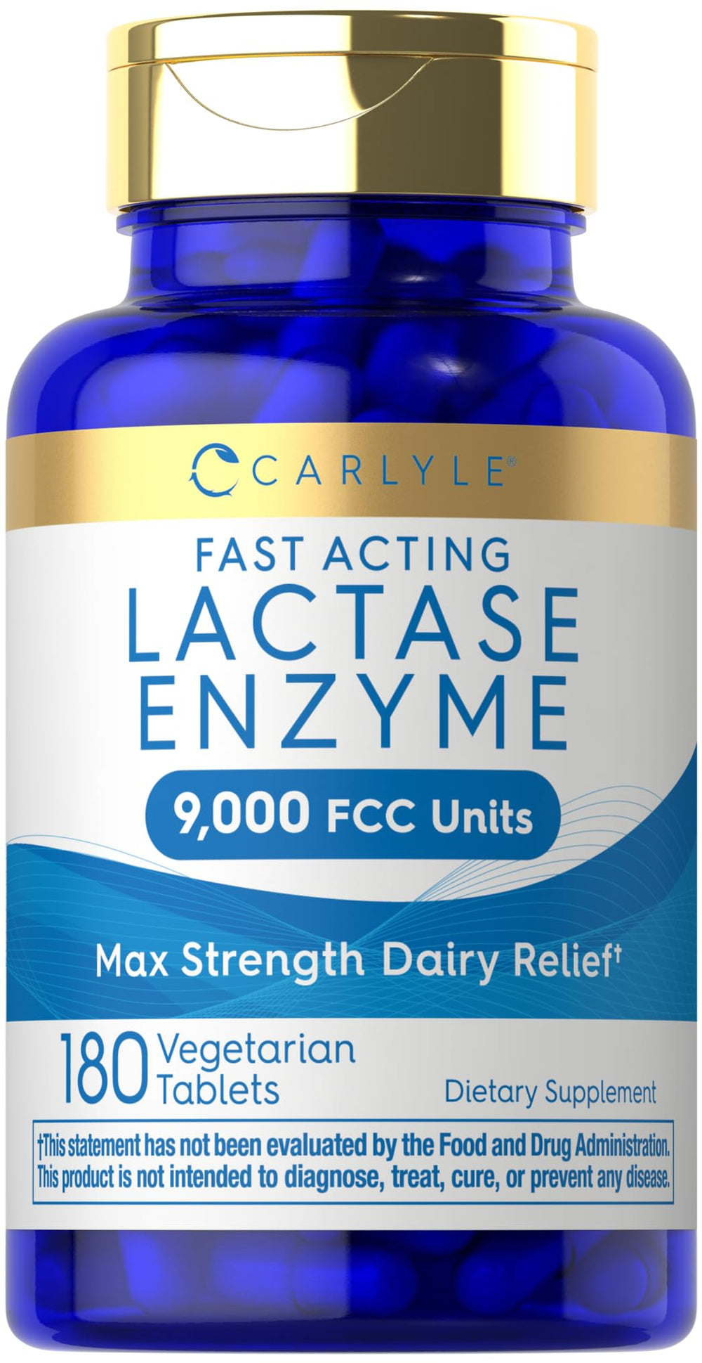 Carlyle Lactase Enzyme Pills front view showing 180 tablets