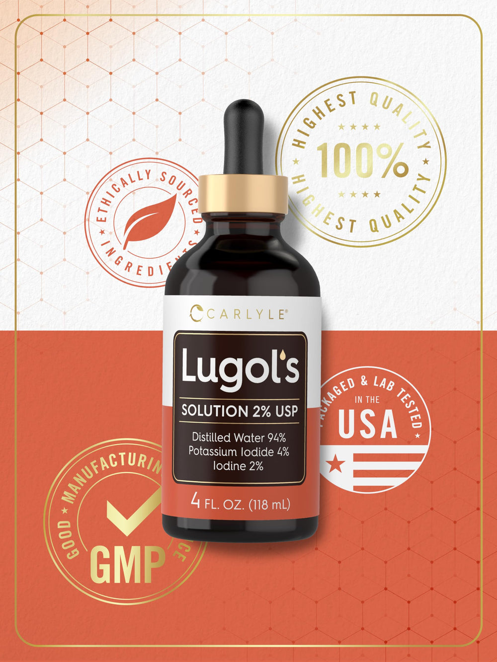 Lab-tested Carlyle Lugols Iodine 2% dropper solution