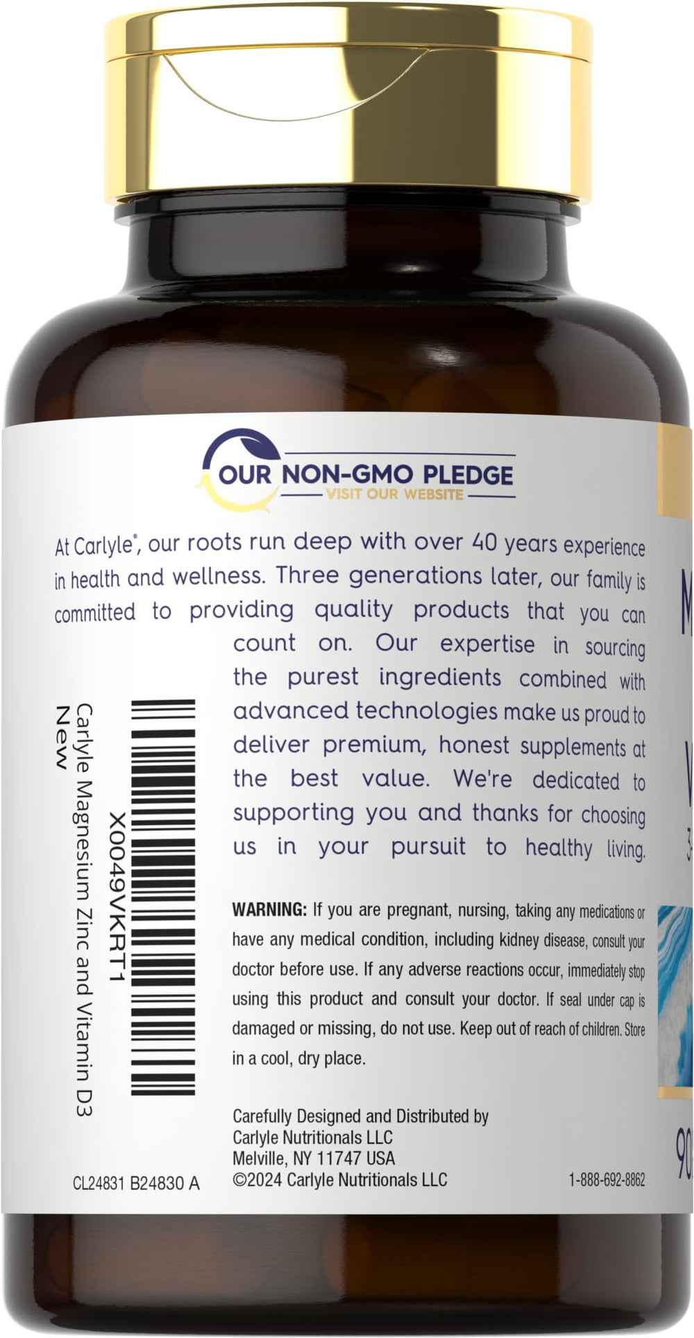 Supplement facts panel for Carlyle Magnesium Zinc Vitamin D3