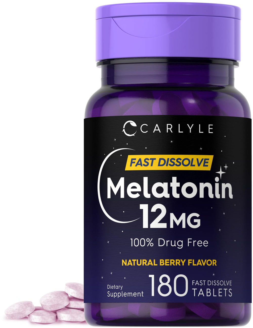 Carlyle Melatonin 12 mg fast-dissolve bottle with berry flavor for easy nightly use.