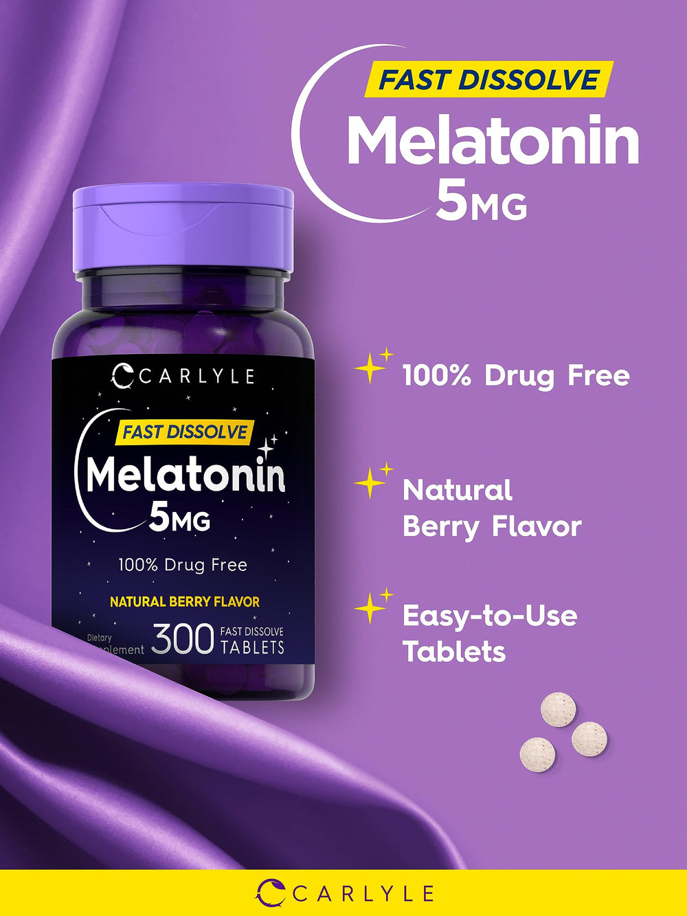 Vegetarian-friendly Carlyle Melatonin packaging and tablet imagery