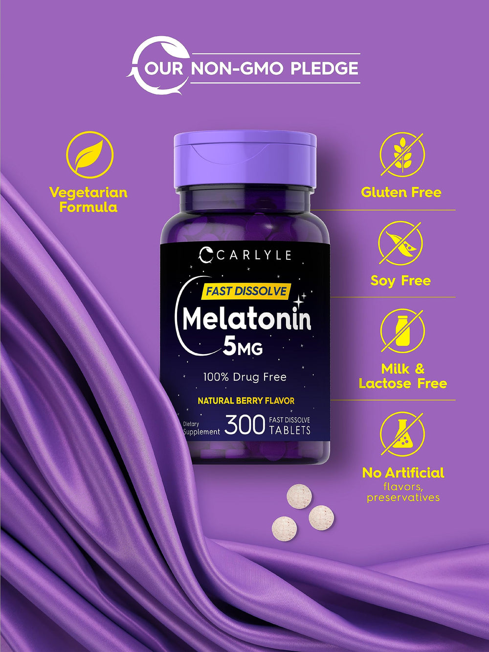 Label showing Non-GMO and gluten-free on Carlyle Melatonin bottle