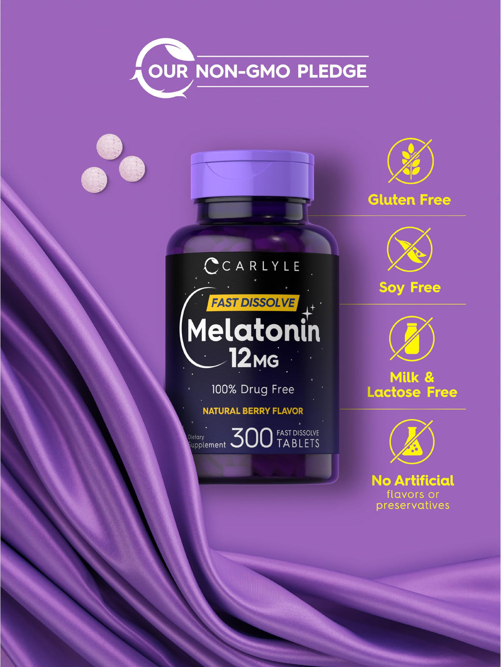 Gluten-free, non-GMO, vegetarian Carlyle Melatonin labeling