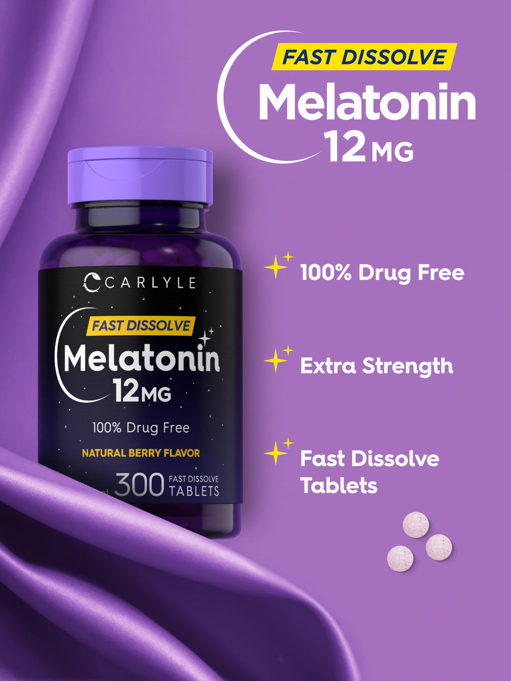 Carlyle Melatonin tablet closeup showing quick-dissolve texture and berry aroma