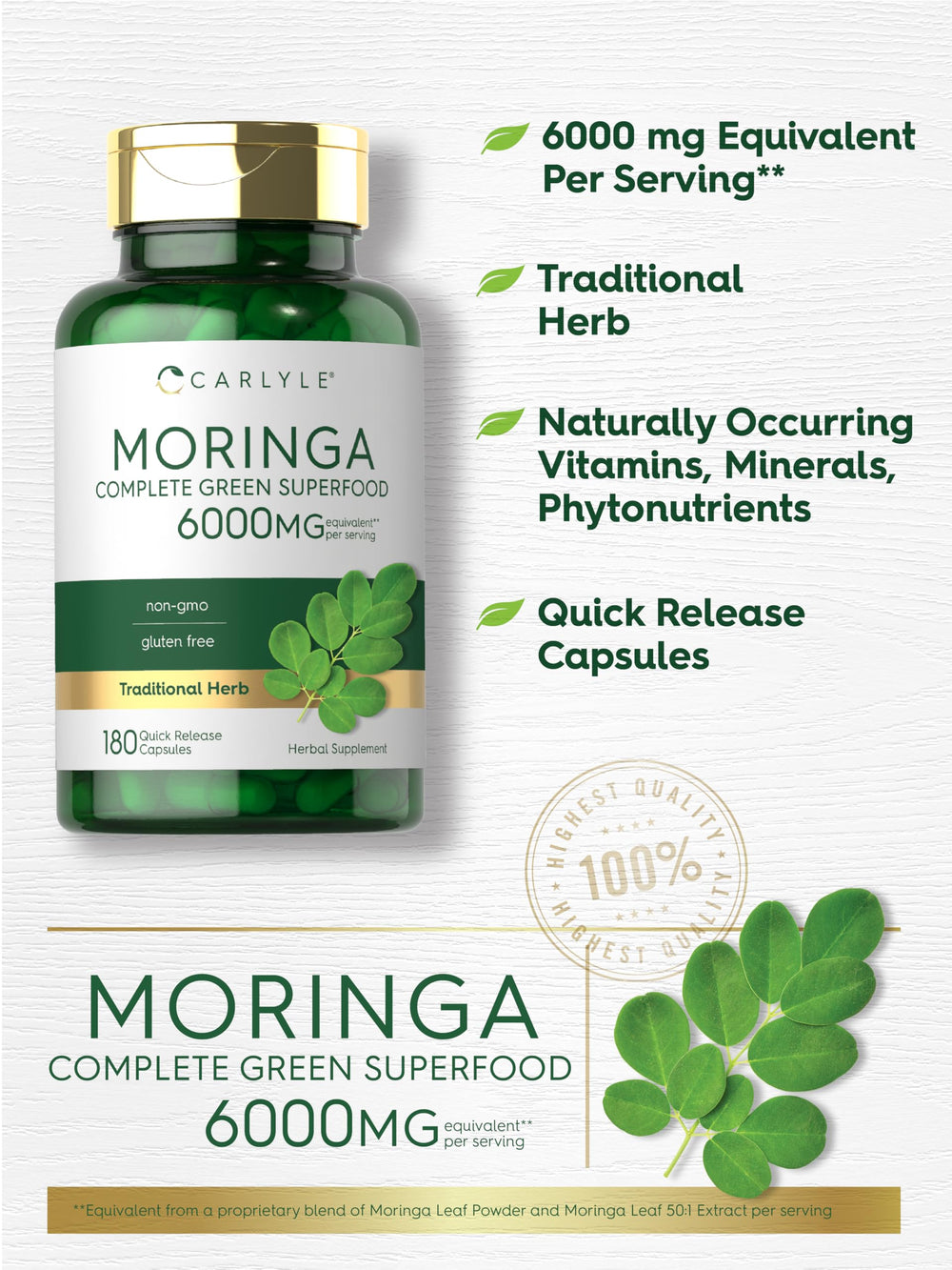 Carlyle Moringa 50:1 extract bottle provides a potent greens boost