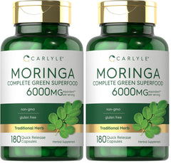 Carlyle Moringa Oleifera bottle front, showcasing antioxidant-rich green supplement.