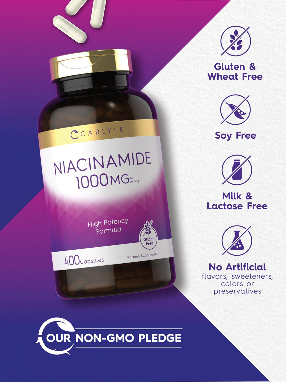 Gluten-free and Non-GMO seals for Carlyle Niacinamide