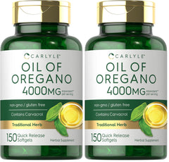 Carlyle Oregano Oil softgels bottle shows high-potency formula.