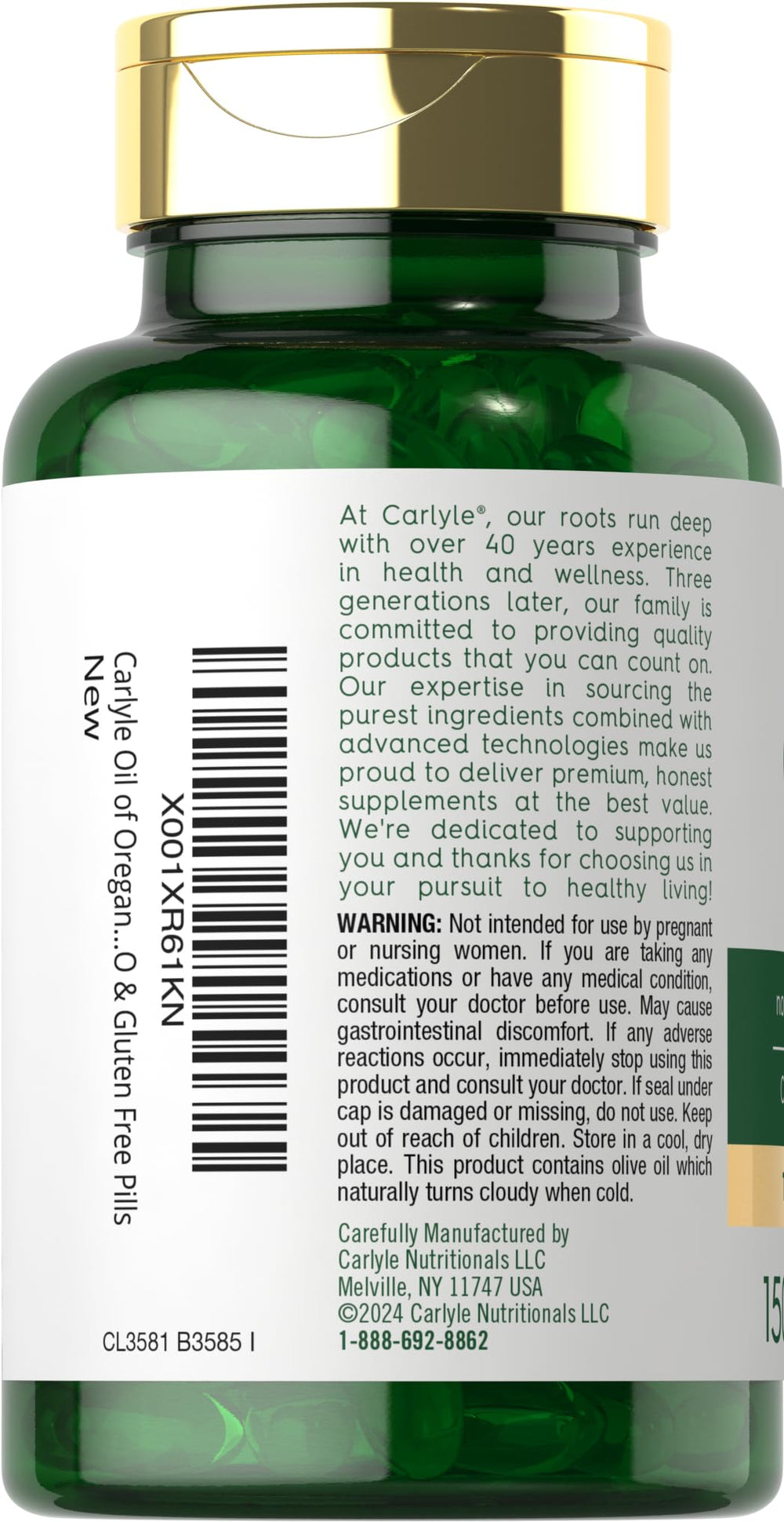 Carlyle Oregano Oil softgels pour illustrates easy daily intake.
