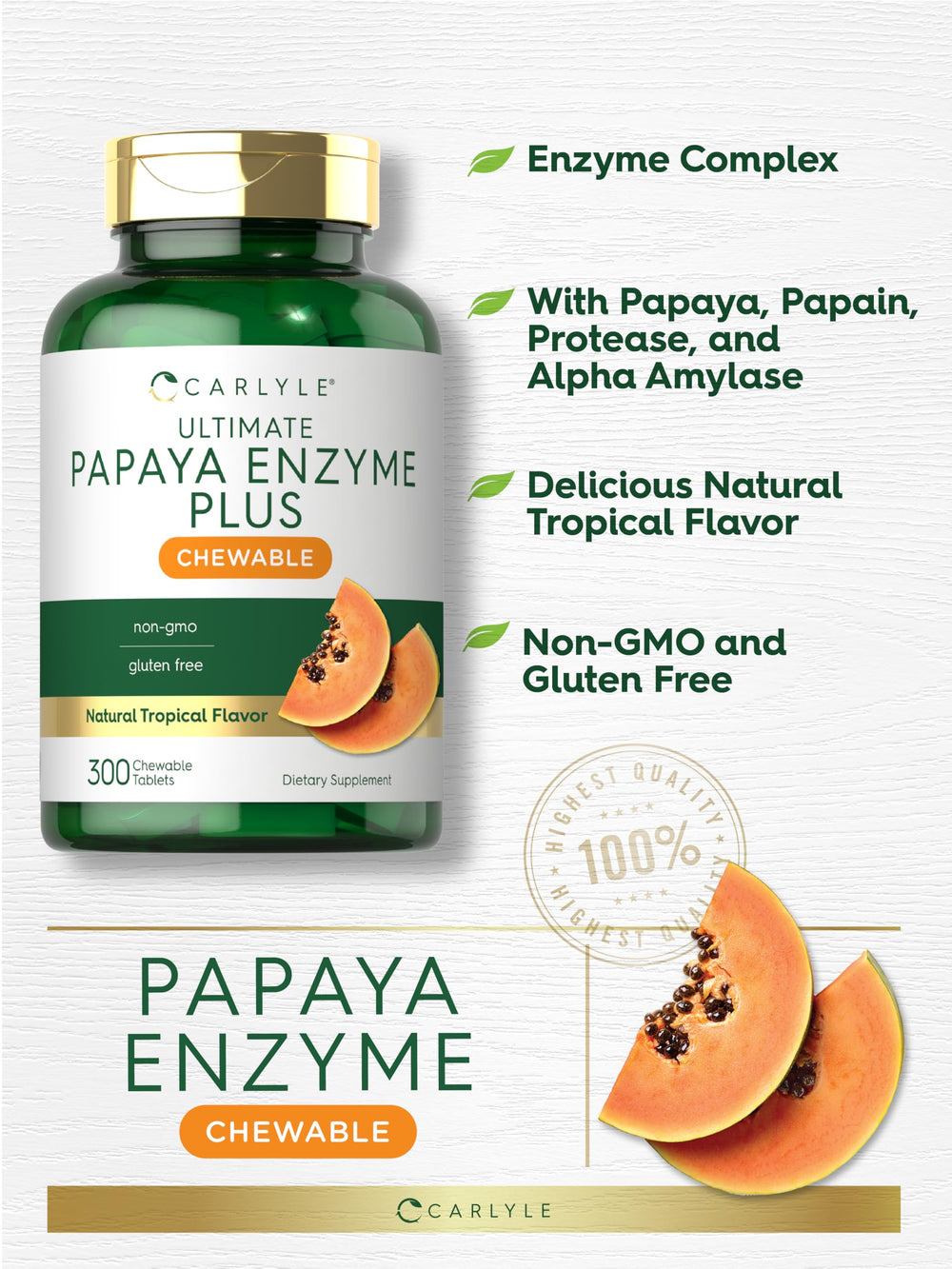 Nutrition facts panel on Carlyle Papaya Enzyme Chewables bottle