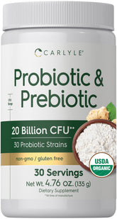 Carlyle Probiotic and Prebiotic Powder bottle with 20B CFU label