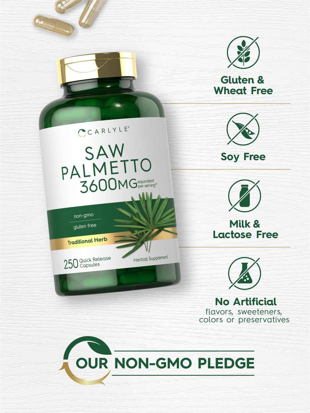 Non-GMO and gluten-free label for Carlyle Saw Palmetto