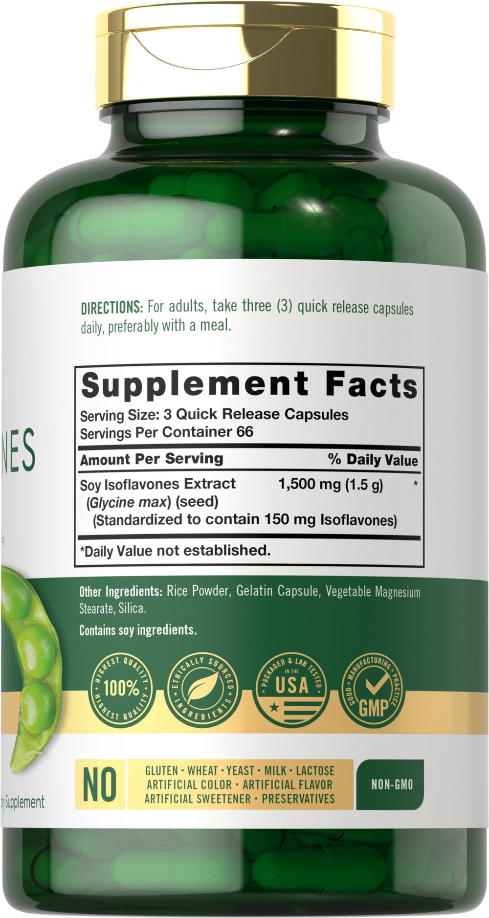Close-up of Carlyle Soy Isoflavones 1500mg bottle and capsules