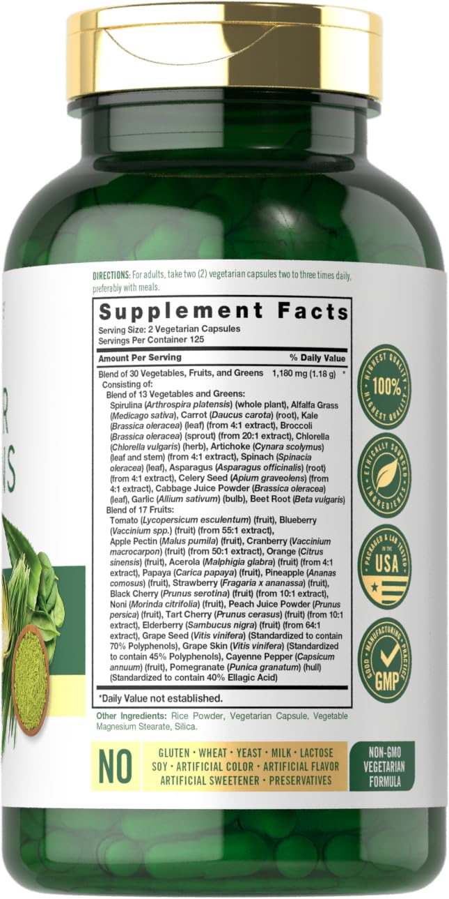 Close-up of Carlyle Super Greens vegetarian capsules
