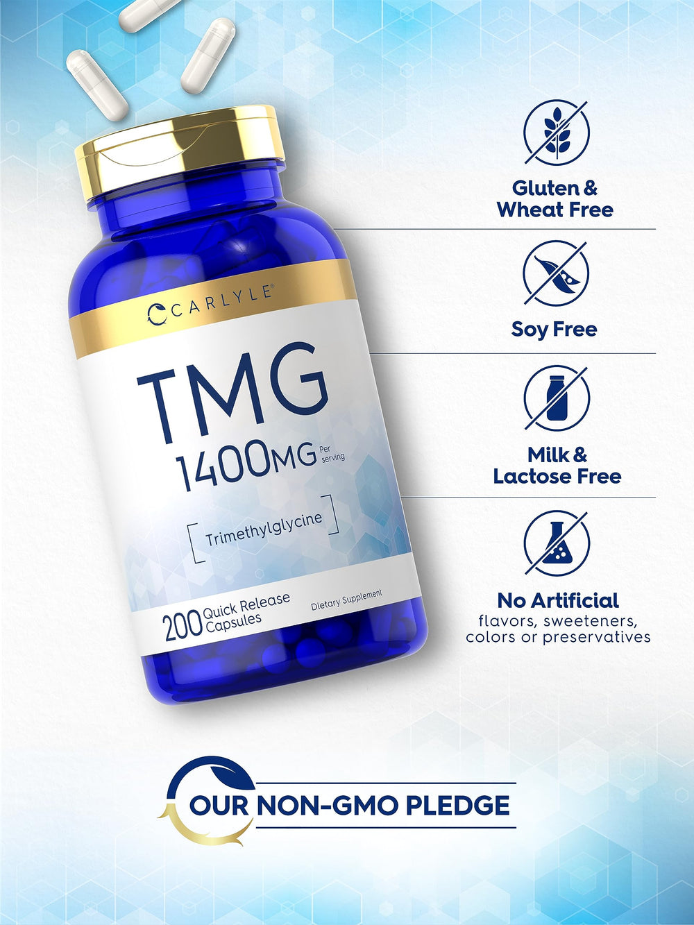 Non-GMO and gluten-free Carlyle TMG packaging