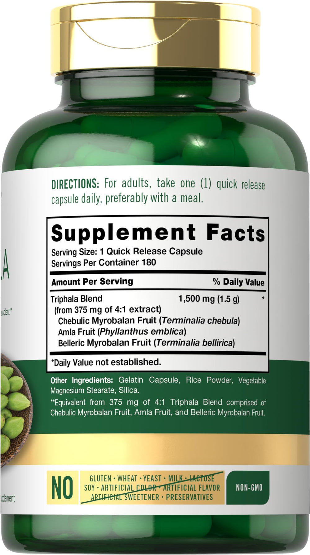 Close-up of Carlyle Triphala bottle label