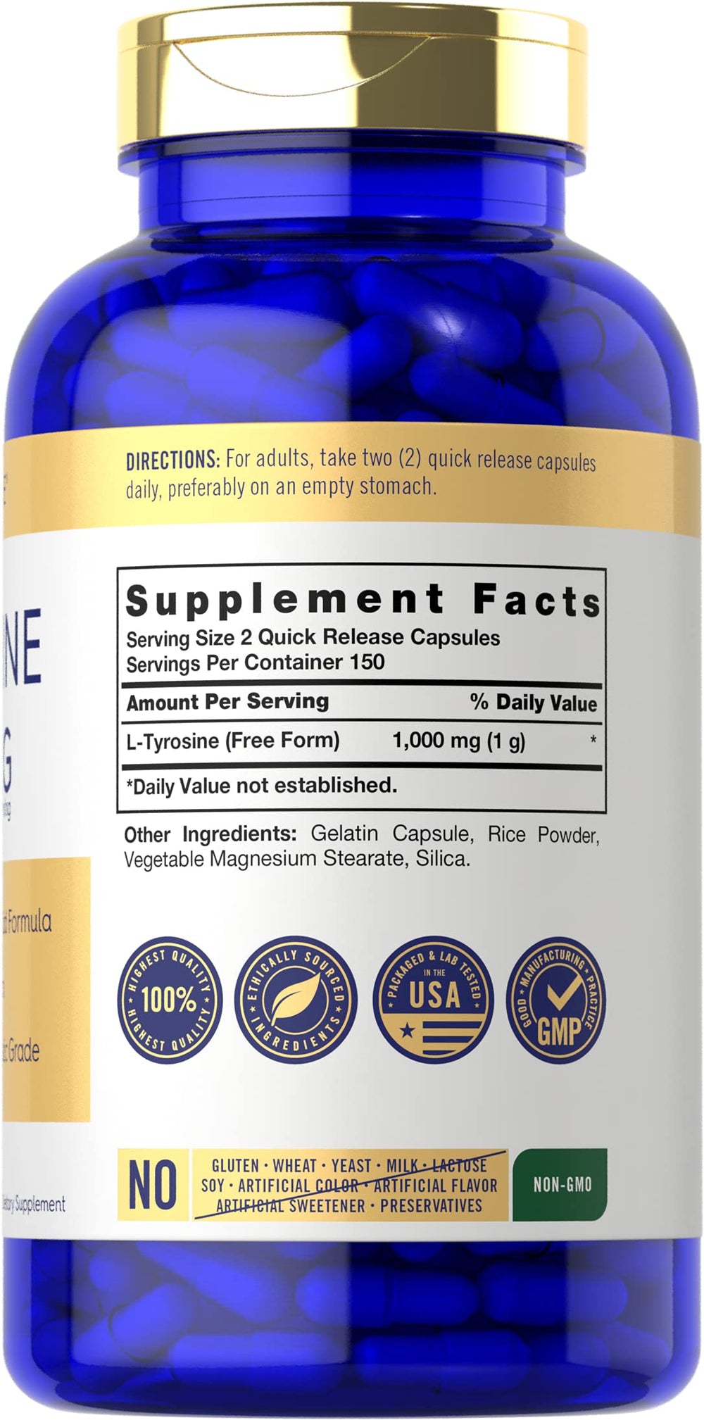 Back label with nutrition facts for Carlyle Tyrosine 1000mg