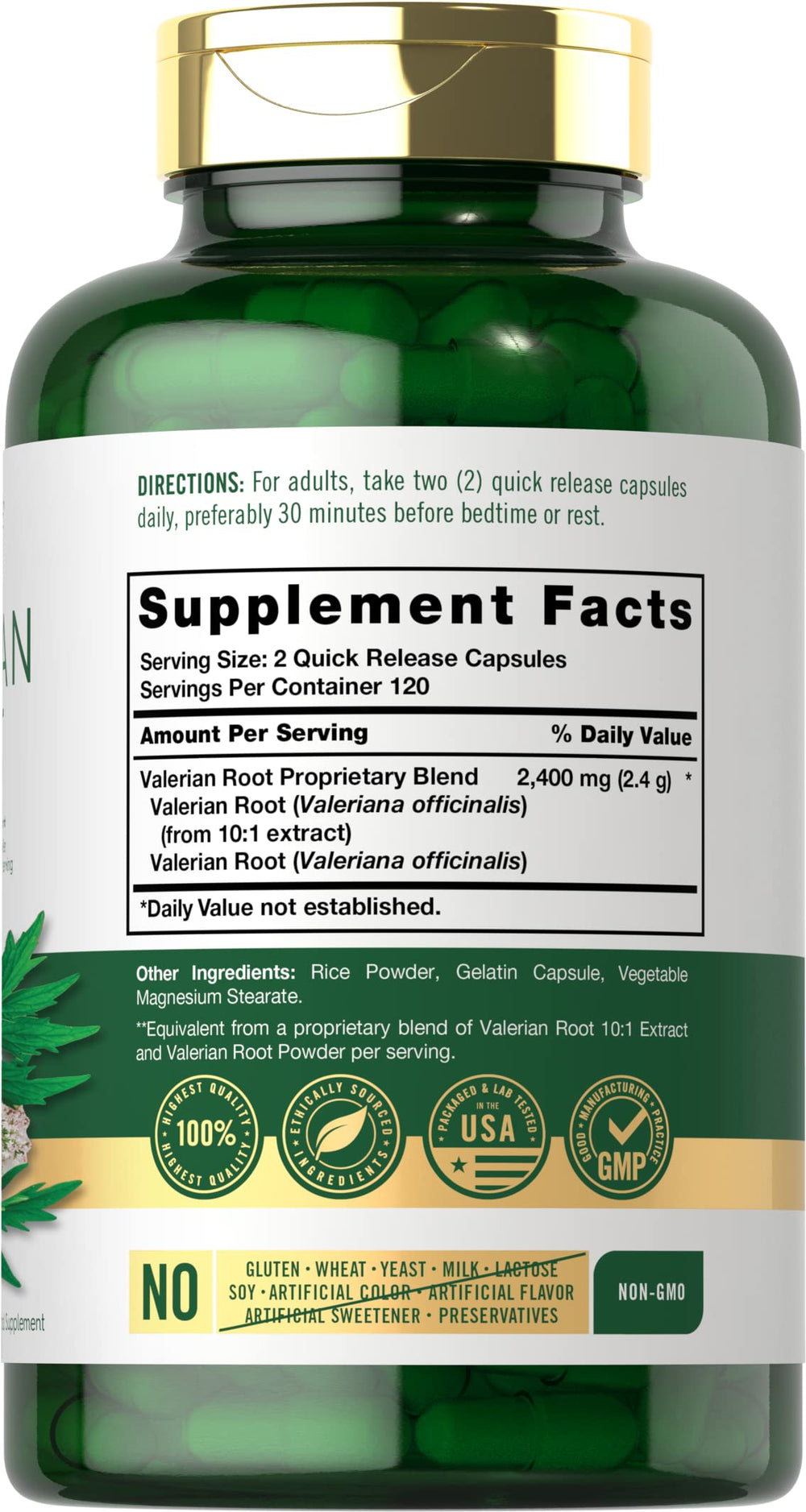 Valerian root supplement label close-up