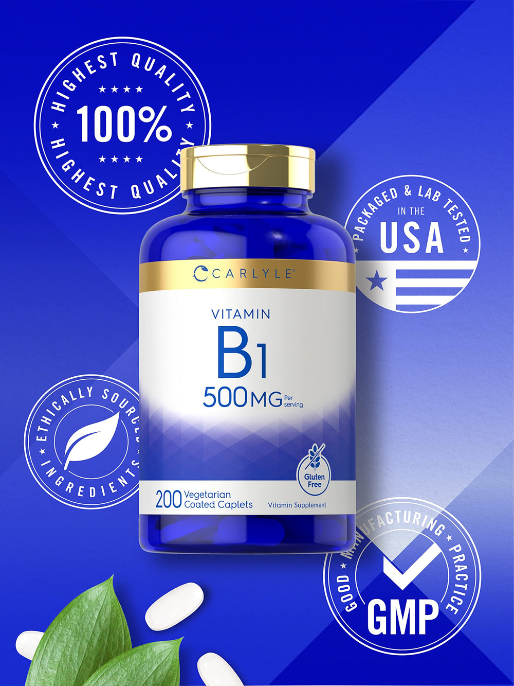 Close-up of Carlyle Vitamin B1 500mg caplets