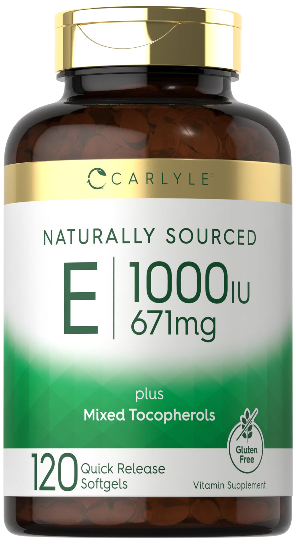 Front view of Carlyle Vitamin E 1000 IU 120 softgels bottle