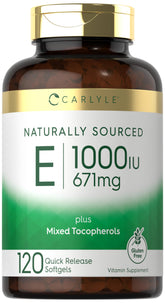 Front view of Carlyle Vitamin E 1000 IU 120 softgels bottle