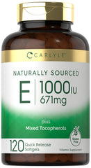 Front view of Carlyle Vitamin E 1000 IU 120 softgels bottle