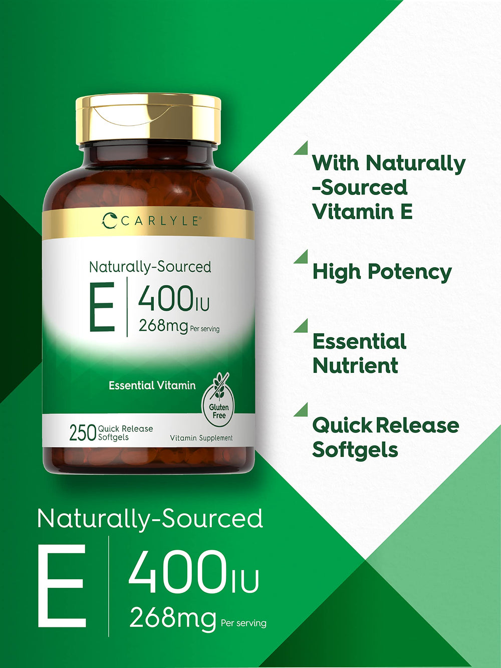 Vitamin E 400 IU softgels on Carlyle label