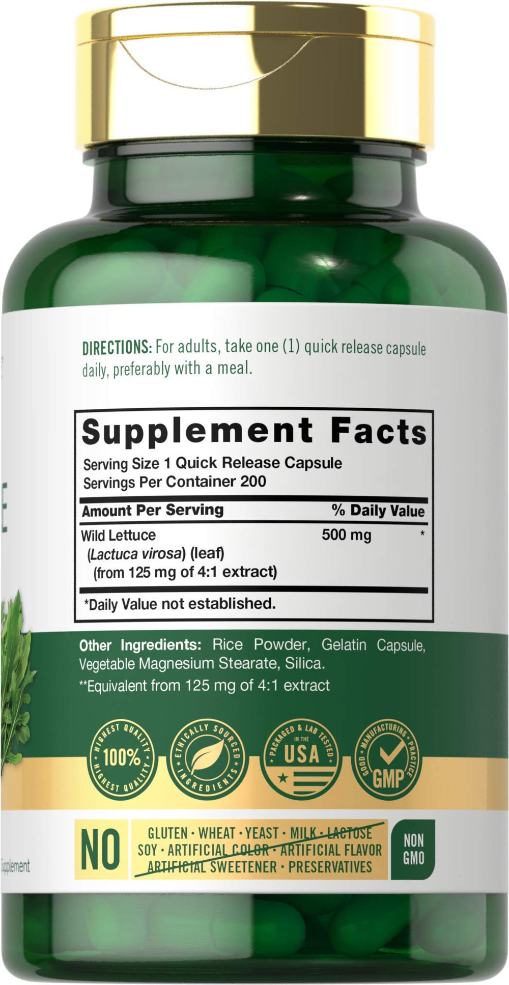 Close-up of 500mg Wild Lettuce capsules