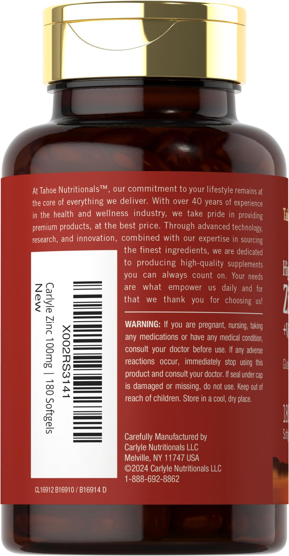 Supplement facts label showing 100 mg zinc and 180 mg vitamin C