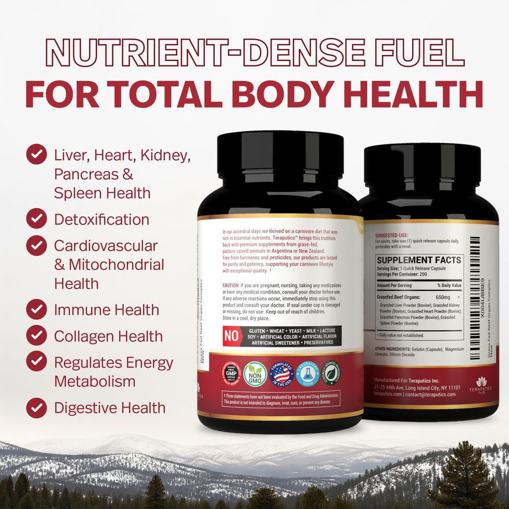 Carnivore diet benefits graphic for grass-fed beef organ capsules
