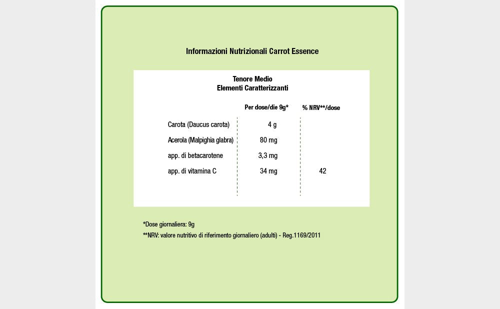Carrot Essence powder with scoop showing serving size