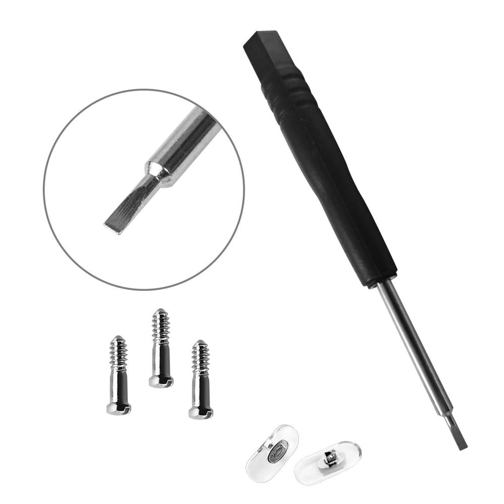 Close-up of stainless steel screws and nose pads in the kit