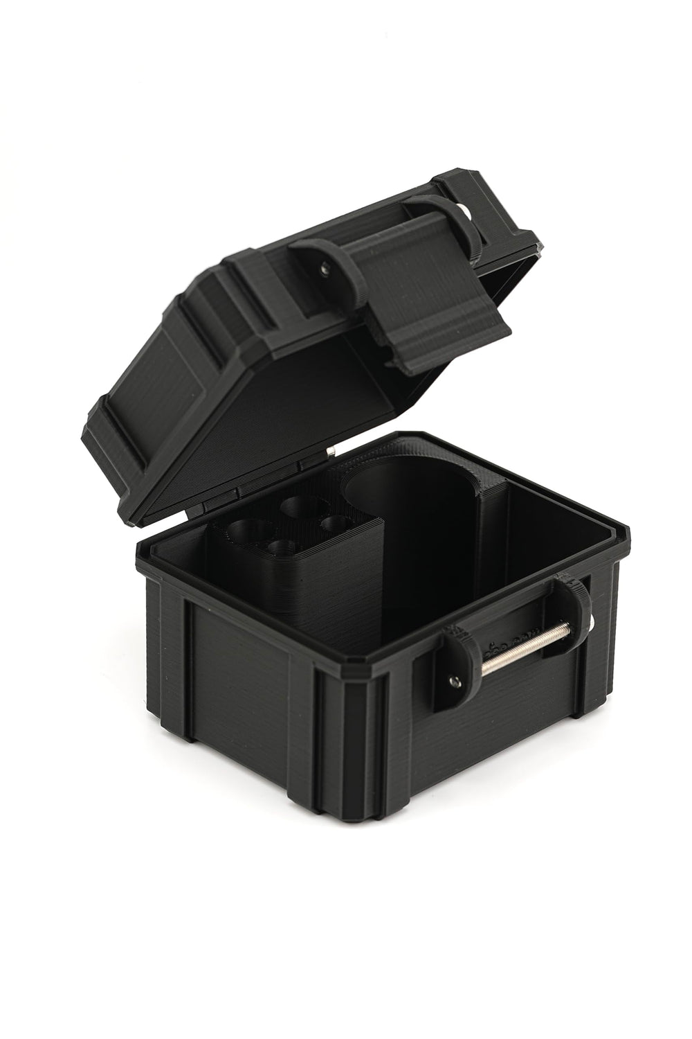 Front view of compact black storage case for scleral lens tools