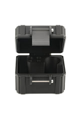 Open storage case showing multiple compartments for lens tools