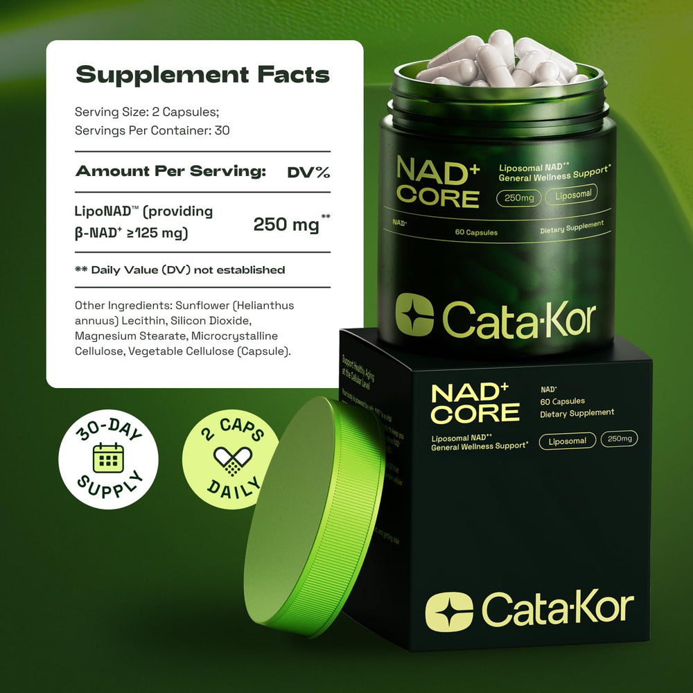 Product packaging showing NAD Core 60-day supply