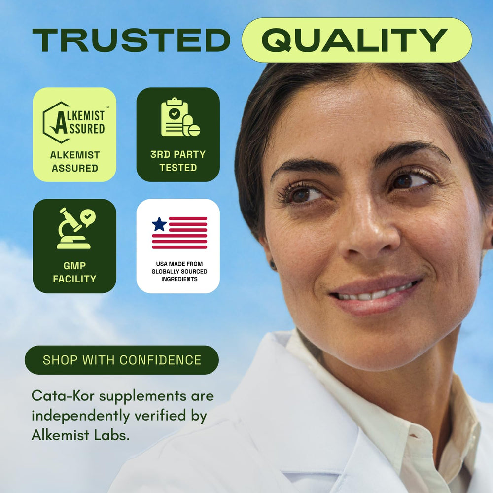 Third-party testing badge on Cata-Kor NAD Core packaging