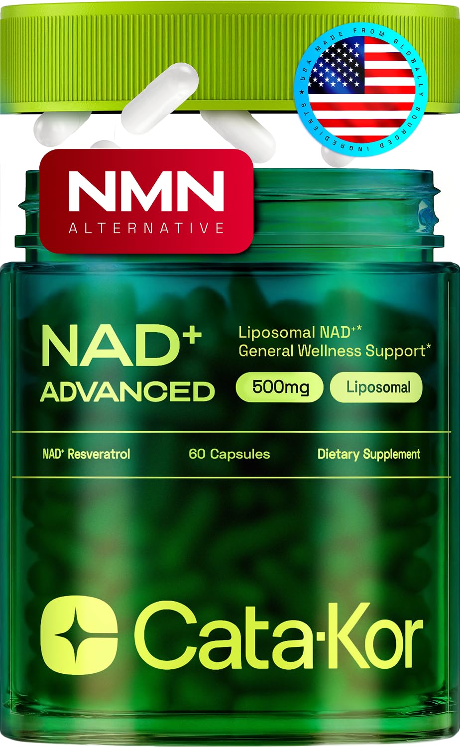 Cata-Kor Liposomal NAD+ bottle promotes daily energy support with Resveratrol.