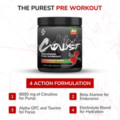 Catalyst Nutrition Enhanced Pre Workout electrolyte blend graphic underscores hydration optimization.