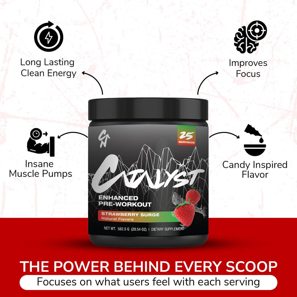 Catalyst Nutrition Enhanced Pre Workout powder scoop highlights 8g L-Citrulline for vascular support.