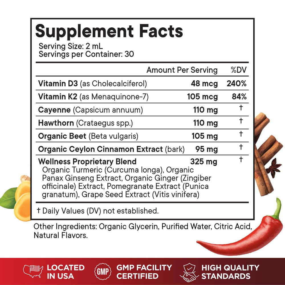Ingredients label showing D3, K2, cinnamon, turmeric and ginseng