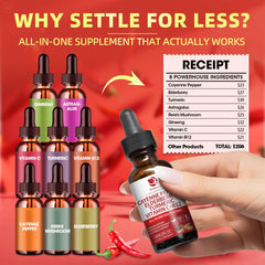 Glass with drops being added for a berry-flavored supplement