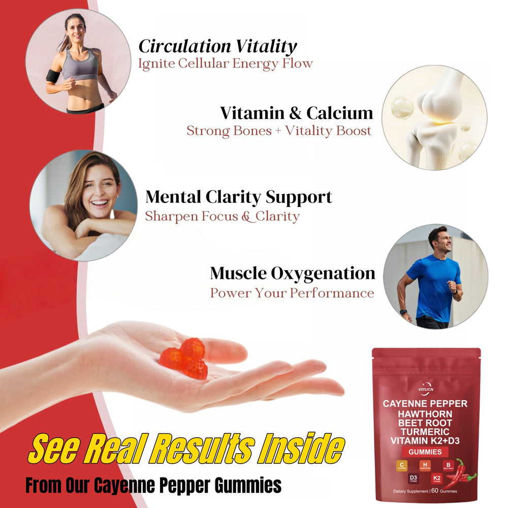 Ingredients chart showing cayenne pepper, hawthorn berry, beet root, turmeric, and D3+K2