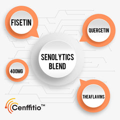 Visual of the senolytic blend ingredients fisetin quercetin theaflavins