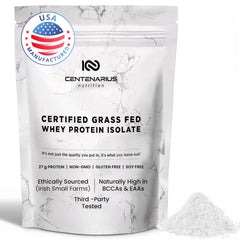 Centenarius Premium Whey Isolate 500g packaging with grass-fed label for clean protein
