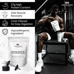 Centenarius Premium Whey Isolate 500g serving scoop showing 27g protein per serving