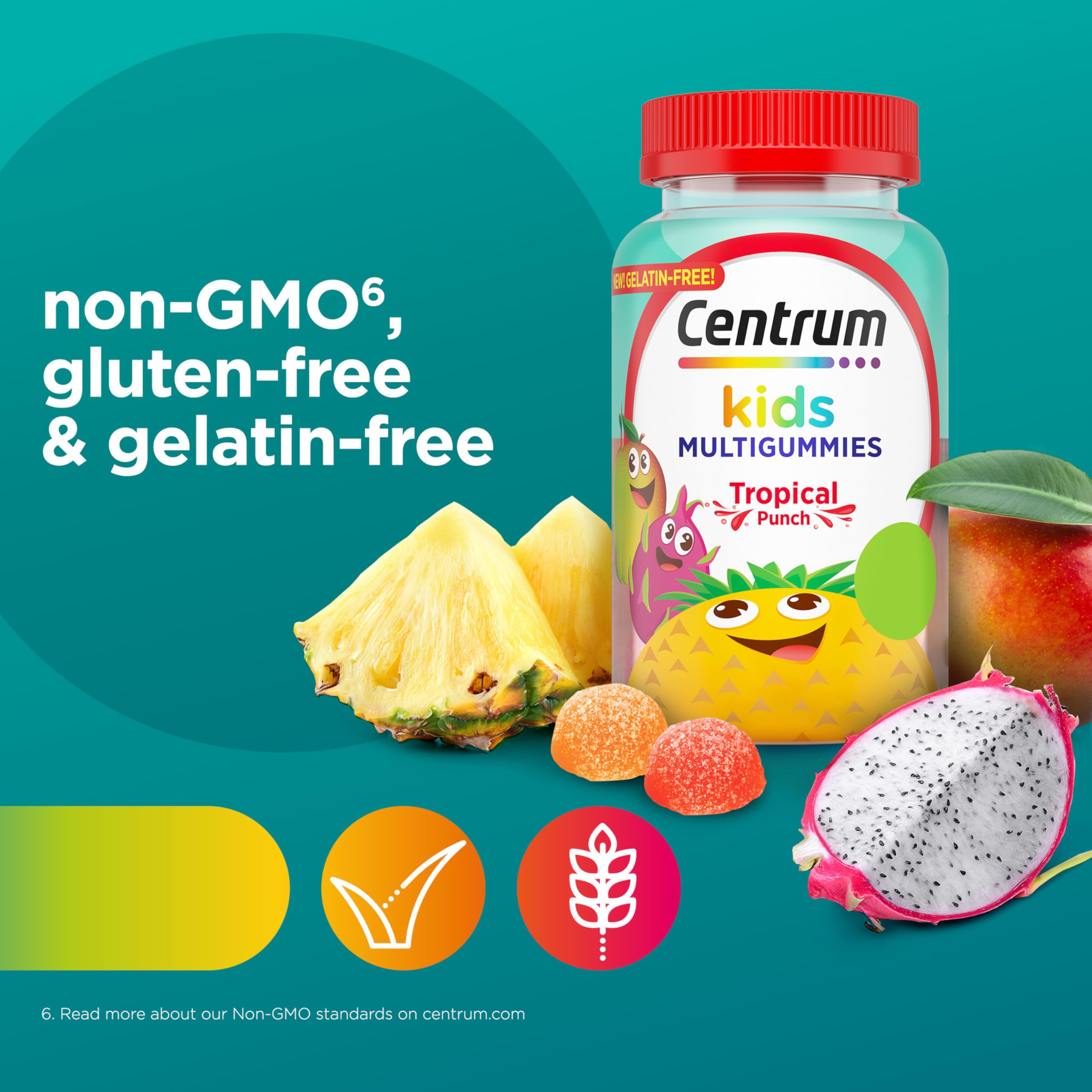 Vegetarian, gluten-free and gelatin-free Centrum Kids gummies with pectin base Vegetarian, gluten-free and gelatin-free Centrum Kids gummies with pectin base